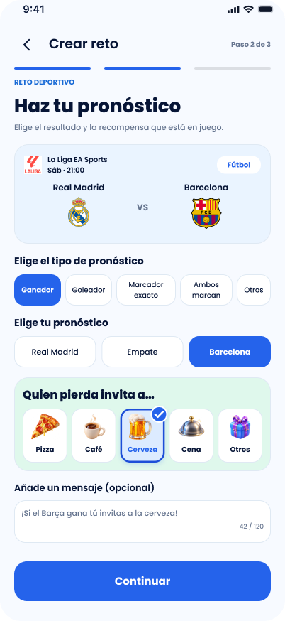 Pantalla real del diseño de Pikius: crear un pronóstico y elegir la recompensa