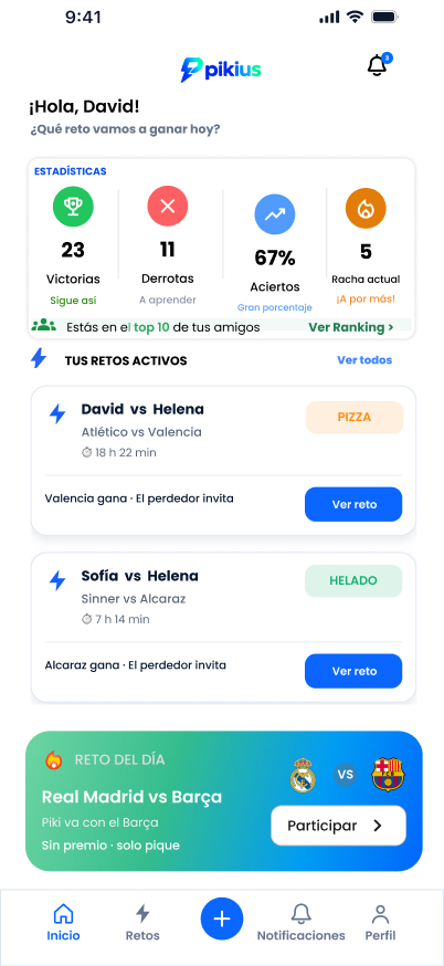 Pantalla real del diseño de Pikius: inicio, estadísticas y retos entre amigos